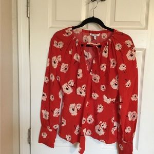 Derek Lam 10 Crosby Red Floral Silk Tie Neck Long Cuffed Sleeve Blouse Size 4